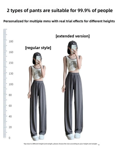 Ice Silk Wide Leg Pants Women's Summer Thin Narrow Version 145 Small Size Drape Straight High Waist Stripe Casual Trousers 150