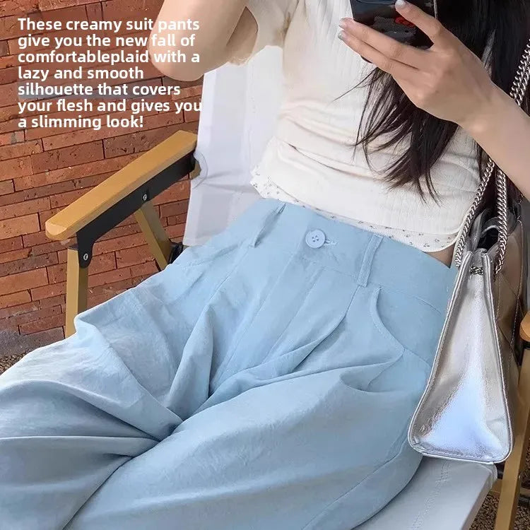 Ice Silk Drapey Wide Leg Pants Women's Summer Thin New Style Beige Color Nine Points Long Trousers Comfortable Fit Female Pants