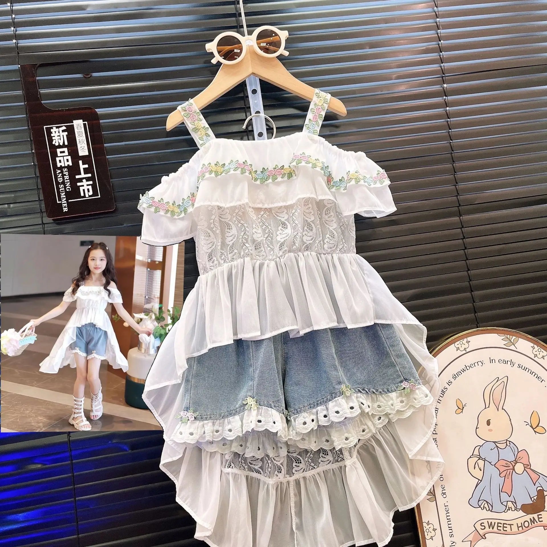 New Style Children's Strap Skirt Top Cowboy Shorts Kids Fashion Outwear Two Piece Set
