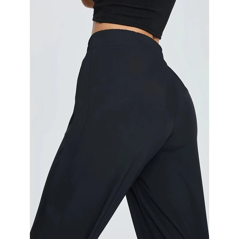 Sophisticated Straight Leg Trousers Women Elastic Waist Slimming Black Daily Office Casual Pants 