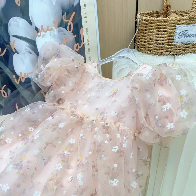 Girls Flower Sweet Gentle Pink Princess Skirt Childrens Ball Gown Puff Sleeve Dress