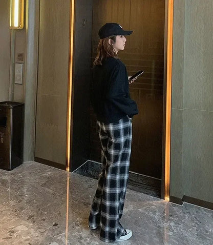 High Waist Plaid Wide Leg Pants Women Loose Straight Casual Slimming Spring Autumn New Style Chinese Brand AE Stock