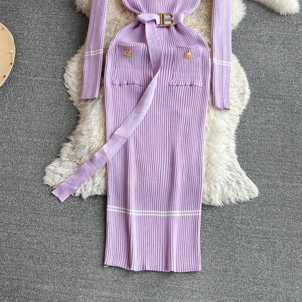 Women Dress  Autumn Winter Elegant Rib Knit Long Pencil Dress with Belt Office Lady Bodycon Sweater Dress Vestidos