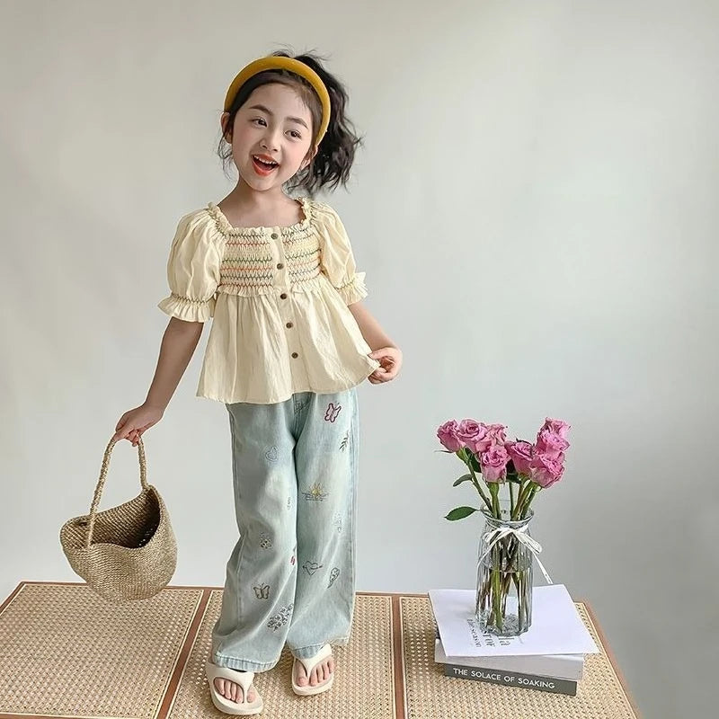 Spring Summer Kids Fashion Color Stripe Puff Sleeve Cotton Blouse Elegant Casual Top for Girl