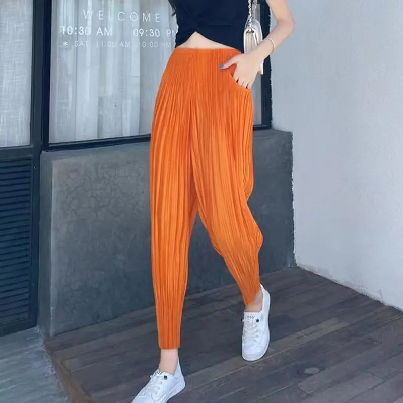 Women's Pants Miyake pleated casual small leg slimming look nine point harem pant summer thin versatile light tight Capris