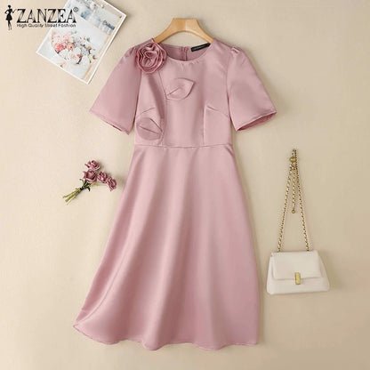 ZANZEA Elegant Woman Party Dresses Shiny Satin Round Neck Short Sleeve Fabric Flower A-line Robes Femme Fashion Midi Vestidos