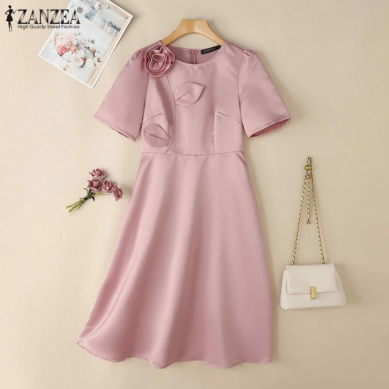 Woman Party Dresses Shiny Satin Round Neck Short Sleeve Fabric Flower A-line Robes Femme Fashion Midi Vestidos