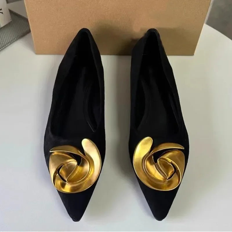 Elegant Office Women's Dress Shoes  Summer New Black Shallow Pointed Toe Fashion Metal Flower Comfortable Ladies Flats