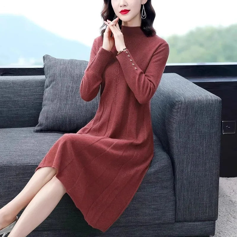 Knitted Coat Dress for Women Autumn Winter Sweater Dress Mid-length Over the Knee Temperament Western Style Inner Layering Skirt