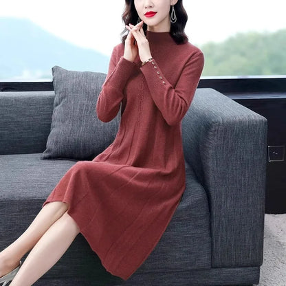 Knitted Coat Dress for Women Autumn Winter Sweater Dress Mid-length Over the Knee Temperament Western Style Inner Layering Skirt