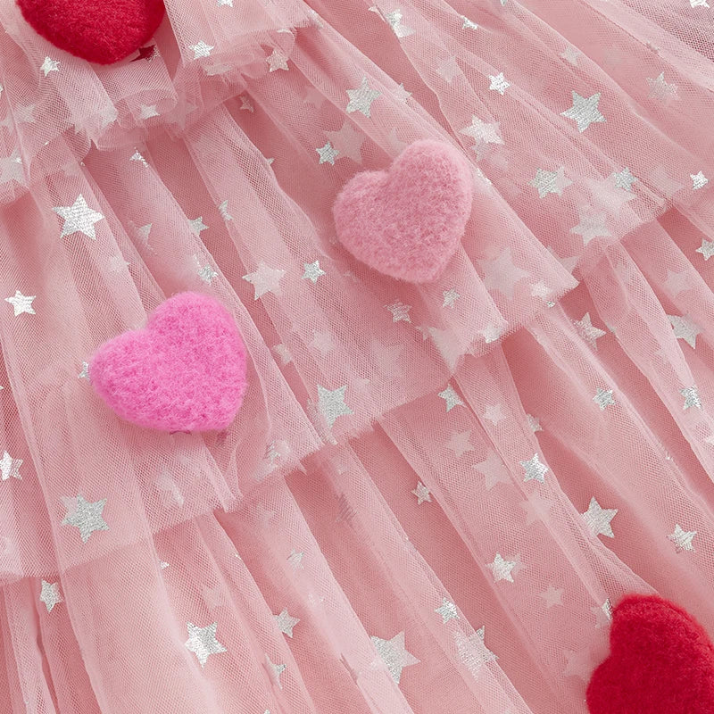 New Girls Dress Sweet Summer Kids Girl 3D Heart Tulle Dress Princess Children Sleeveless Birthday Vestidos Holiday Wear