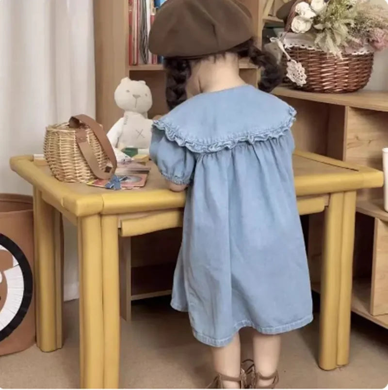Children's Dress Summer Girl's Fashionable Bubble Sleeves Denim Dress Baby Cotton Short Sleeves Flip Collar Princess Dress