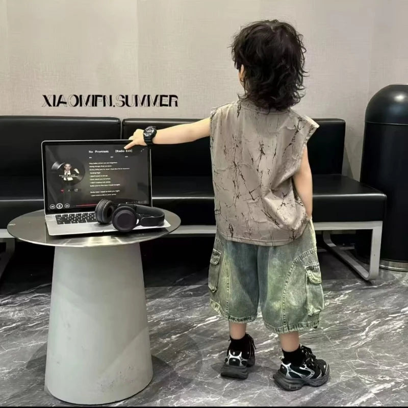 Kids Boy New Outfit Set Korean Children's Summer Clothing Denim Shorts +Thin Tie Dye Vest Sleeveless T-shirt 2-piece Set