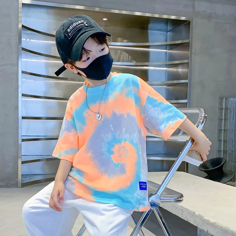New Summer Fashion Boys T-shirts Tie-Dye Korean Short Sleeve Streetwear Boys Clothes Tshirt Top Tees