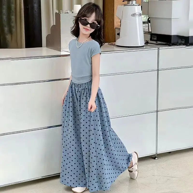 Girls set, summer children's fashion clothing, little girl wide leg pants, Korean version two-piece set, 4-12 years old