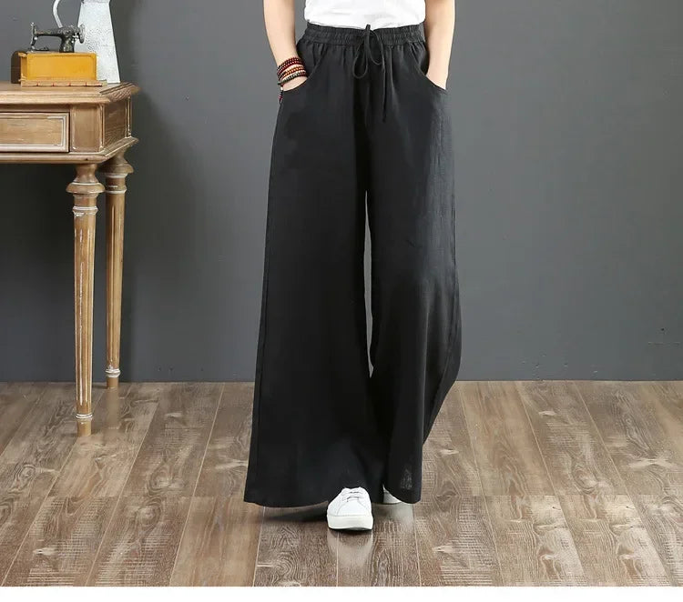 Women Retro Tai Chi Loose Wide Leg Pants Casual Cotton Linen High Waist Pants Mopping Straight Trousers Daily Wear Streetwear