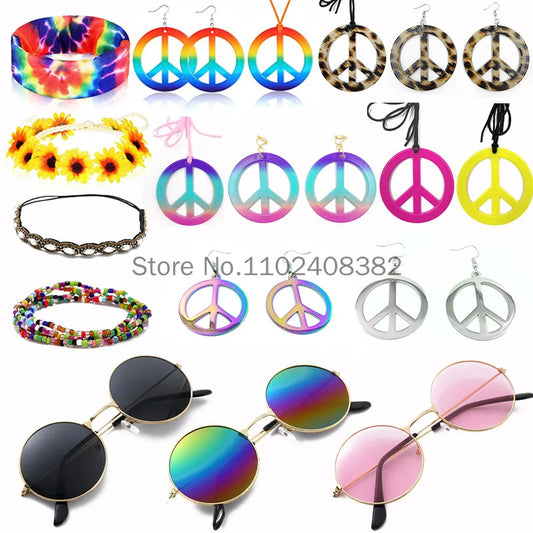 Women 70s 80s Hippie Cosplay Accessories Halloween Party Props Daisy Headband Sunglasses Peace Necklace Hippie Custome wearing