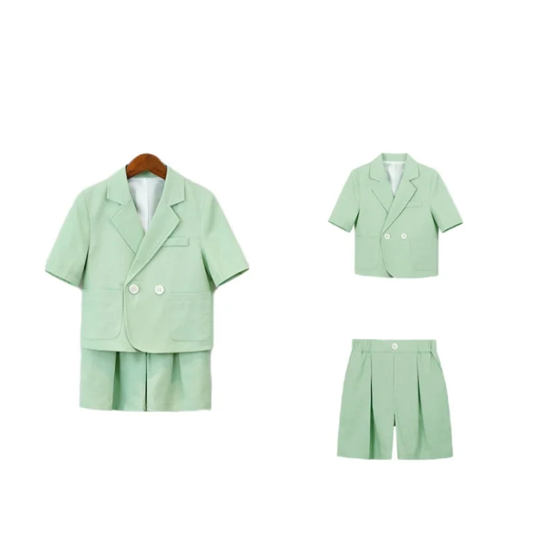 Kids Summer Short-Sleeved Wedding Suit Set Boys Blazer Pants Outfit Children's Piano Host Speech Performance Costume