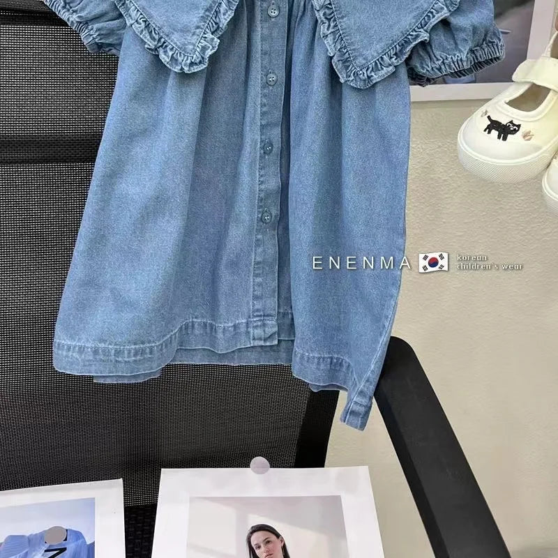 Children's Dress Summer Girl's Fashionable Bubble Sleeves Denim Dress Baby Cotton Short Sleeves Flip Collar Princess Dress