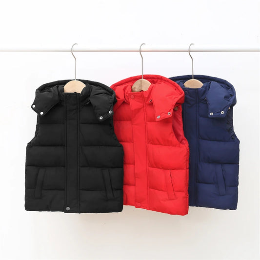 Winter Warm Baby and Girls Boys Cotton Lined Plain Hooded Zip Puff Vest Jackets Child Waistcoat School Kids Outfit Tops 3-12 Yr