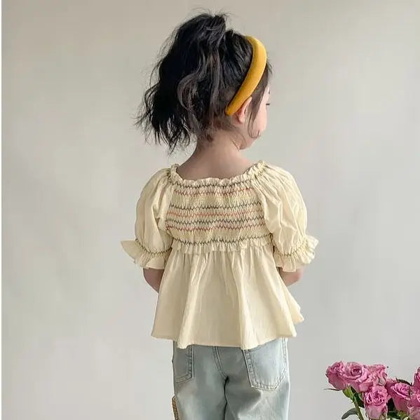 Spring Summer Kids Fashion Color Stripe Puff Sleeve Cotton Blouse Elegant Casual Top for Girl