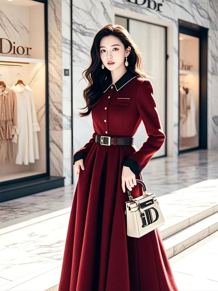 French Wine Red Dress Women's Late Dresses Spring Autumn  New Super Good-Looking Official Occasion Waisted Chic Long Dress