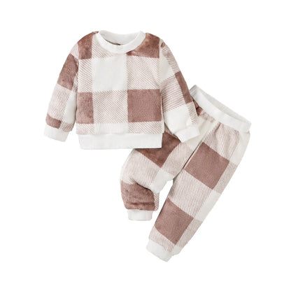 Baby Boys and Girls Winter Plush Clothing Set Long Sleeved Plaid Top+Pants 2PCS Warm Clothes Outfits for 3-24 Months Toddler Boy