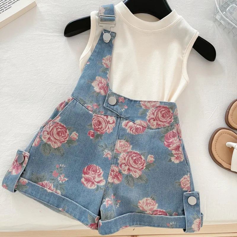 Girls' Clothing Set Sleeveless Top+printed Denim Shorts Two-piece Set for Girls Fashion Suits