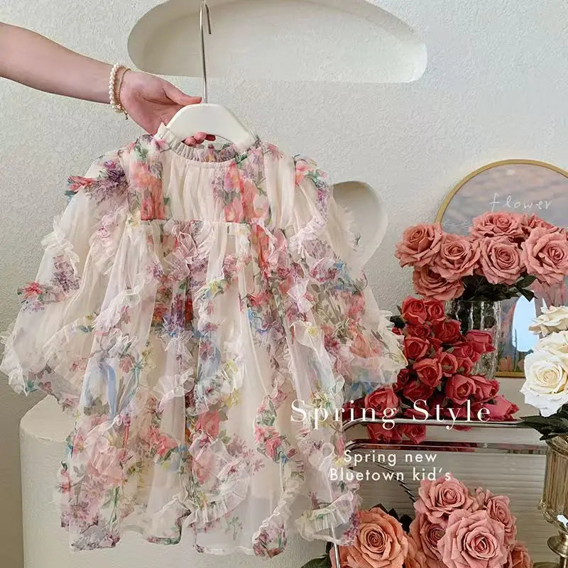 New Baby Girls floral print Fall Mesh Long Sleeve Dress Princess Kids Sweet Party Dresses