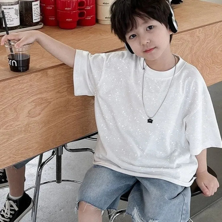 Kids' Oversized Star Print T-Shirt Korean Style Summer Casual Breathable Cotton Top