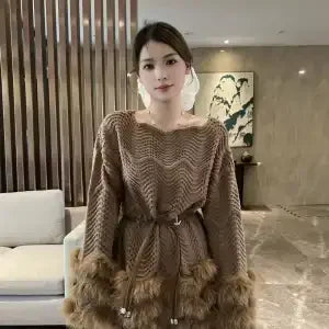 Western Style Dress Women's Sports Outdoor Sweater Furry Hem