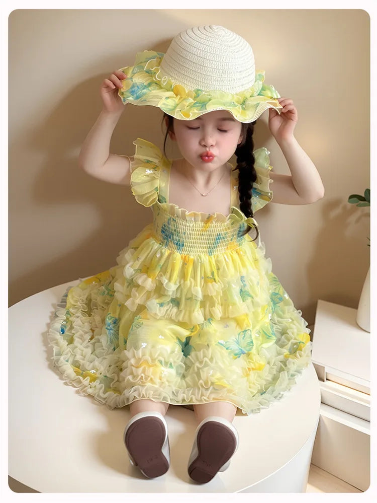 Girl Summer Mesh Dress Doll Baby  Kids Back Butterfly Flower Suspender Princess Dress Fashion Casual