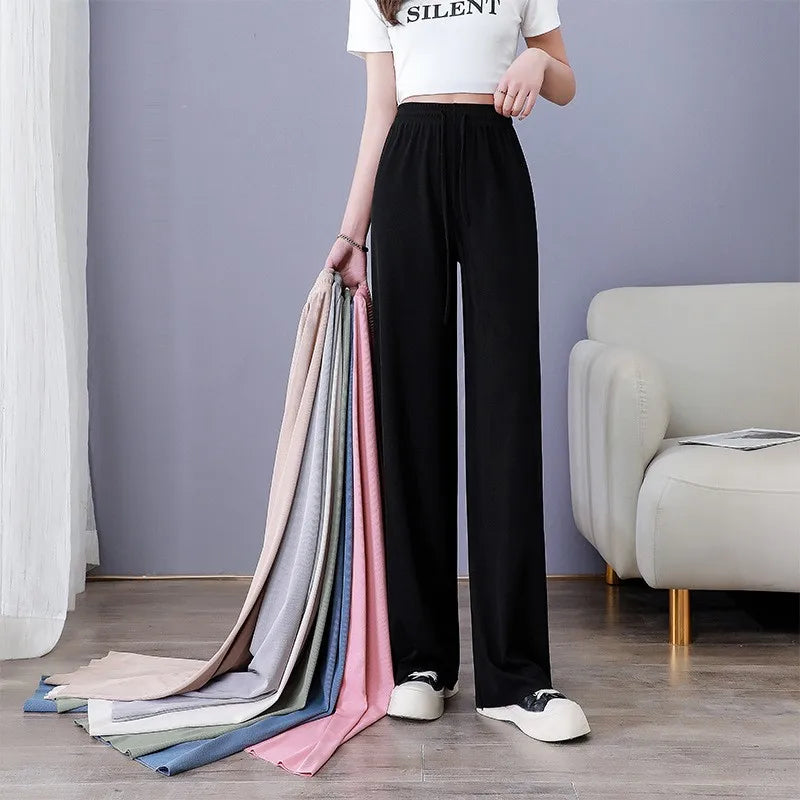 Ice Silk Wide Leg Pants Women's Summer 2024 New High Waist Drape Loose Slimming Straight Bla Floor-Length Casual Trousers