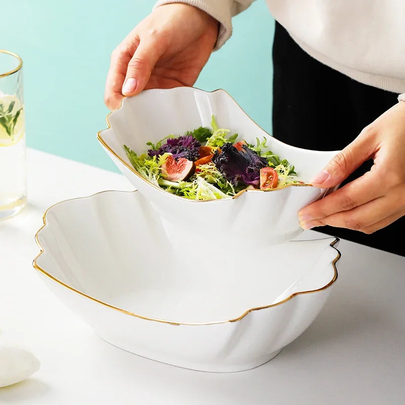 European tracing gold Ceramic Household Soup Bowl shaped Pasta Bowls Fruit Salad Bowl Cold Dish Bowls Hotel restaurant cutlery