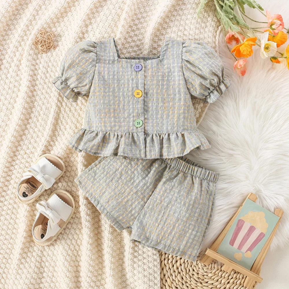 Baby Girl Cotton Color Plaid Bubble Sleeve Top And Shorts Set Cute Princess Style Two-Piece Set For Girls