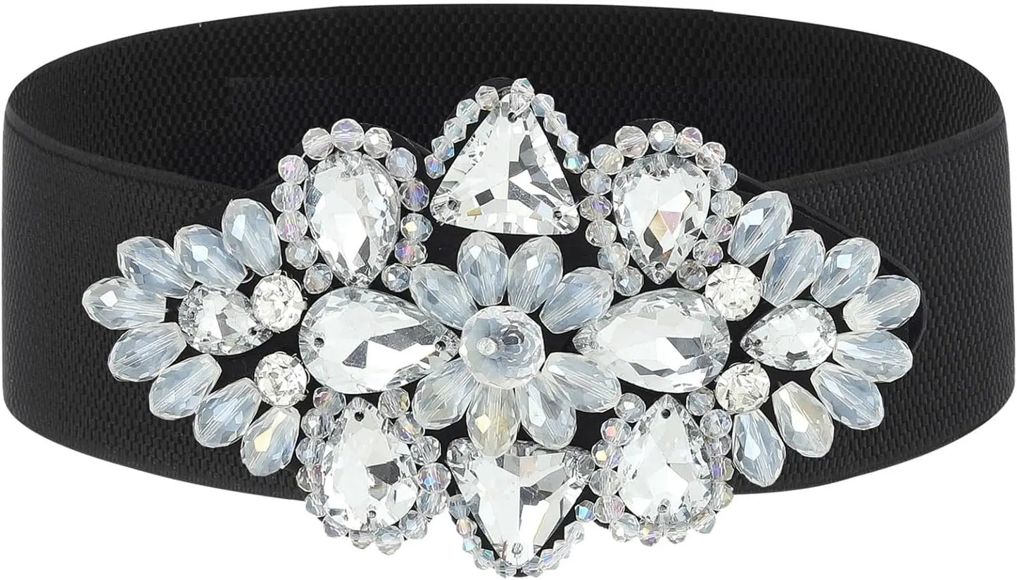 Rhinestone Elastic Belt Black Women's Stretch Belt Gold Girls Wide Crystal Flower Waist Jewelry Accessories for Dress