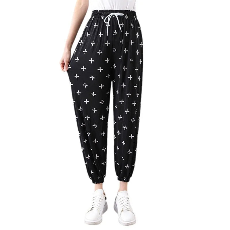 Summer Ladies Ice Silk Loose Casual Home Pants Elastic plus Size Mom Square Sports High Waist Straight Leg Length Nine Points