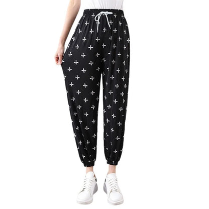 Summer Ladies Ice Silk Loose Casual Home Pants Elastic plus Size Mom Square Sports High Waist Straight Leg Length Nine Points