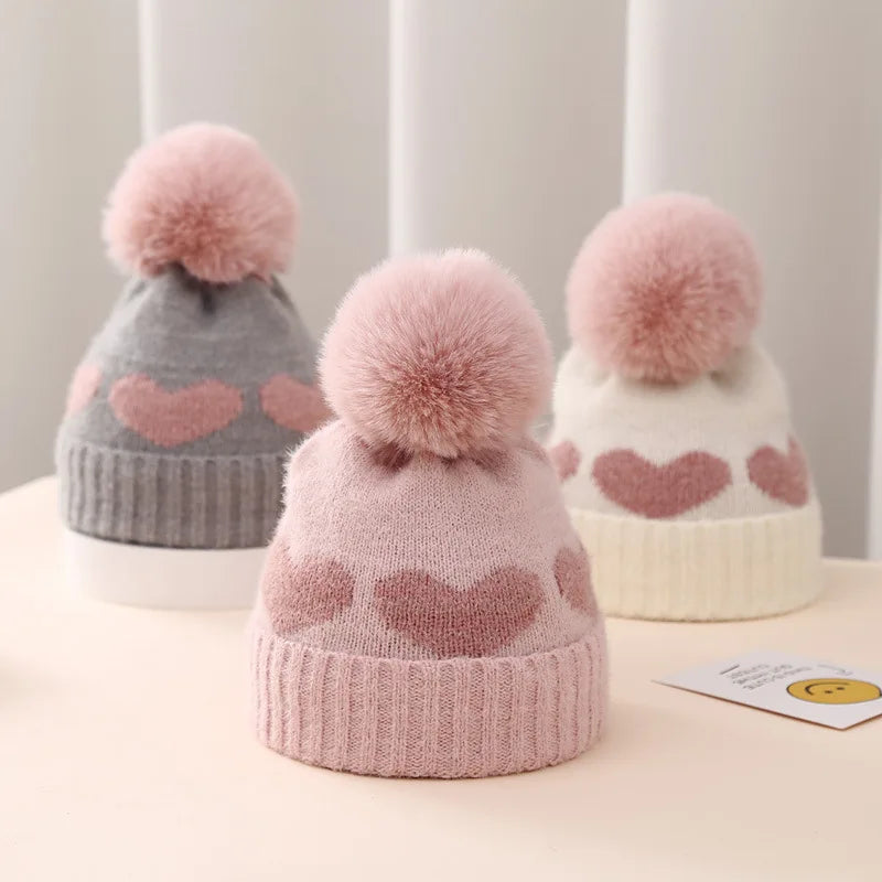 New Winter Baby Hat Double Layer Thickened Jacquard Love Heart Knitted Hat0-12Newborn Baby Knitted Hat