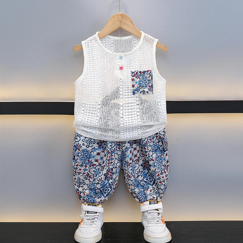 Boys Summer Hollow out Vest Set Breathable Me Svel Long Pants Two Piece Suit Teen Casual Sportswear Cotton Blend orts