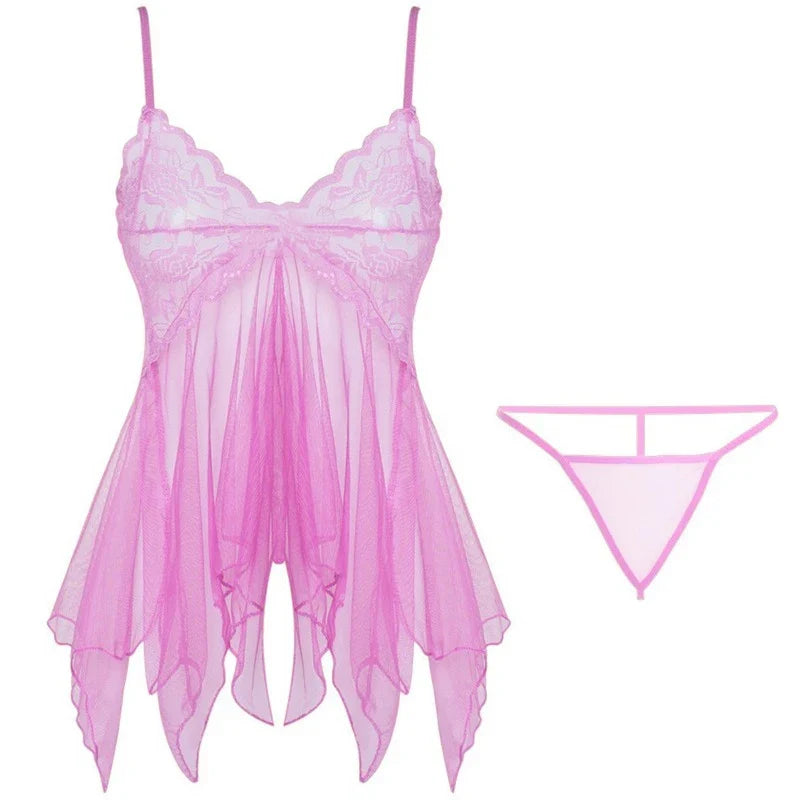 Sexy Lingerie Night Dress For Female Transparent Babydoll Nightwear With G-string Underwear Lace Sleepwear Women's Lingerie Set