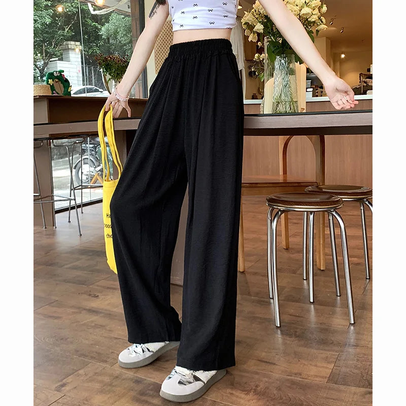 Summer Women Sweet Colorful Ice Silk Pants Lady Baggy Versatile Elastic Straight Leg Trousers Female Wide Leg High Waisted Pants