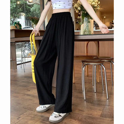 Summer Women Sweet Colorful Ice Silk Pants Lady Baggy Versatile Elastic Straight Leg Trousers Female Wide Leg High Waisted Pants
