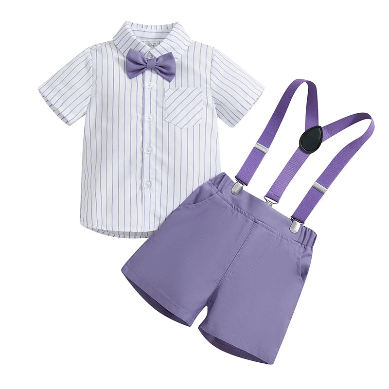 Boy Gentleman Outfit Vertical Stripe Print Short Sleeves Shirt with Bow Tie and Suspender Shorts Set for Formal Wear