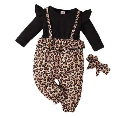 2PCS Newborn Baby Girl Flutter Sleeve Long Sleeve Leopard Bodysuit+Headband Spring Autumn Jumpsuit for Toddler Girl 0-18 Months