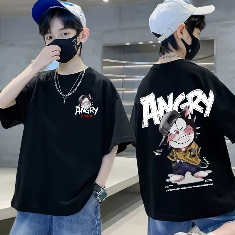 Summer 100% Cotton Boys Blue T-shirt Cool Graffiti Printed Girls Tees Short Sleeve Children Tops High Quality Kids Clothes