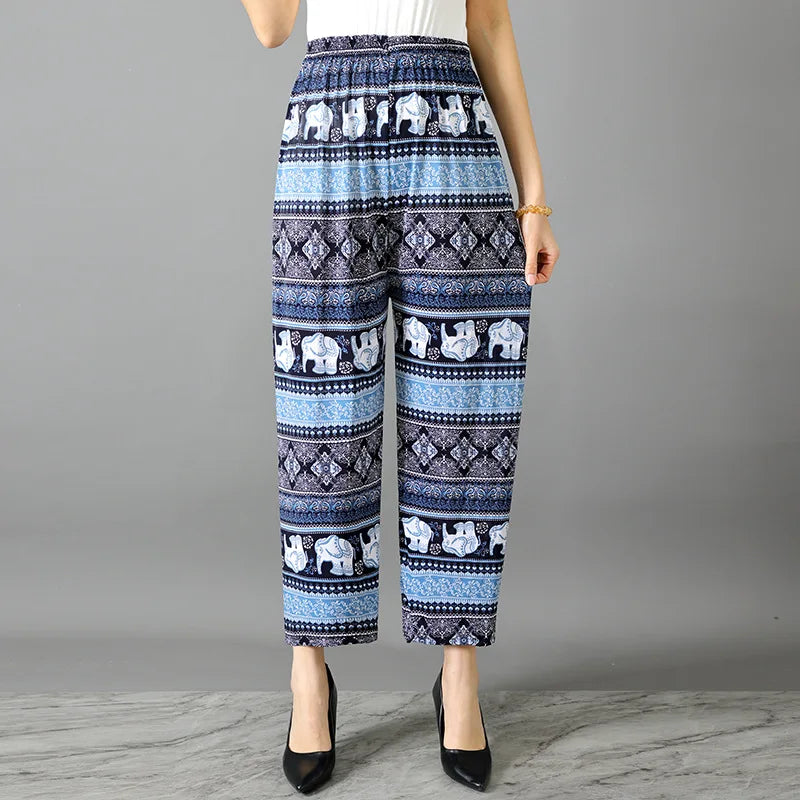 High Waist Floral Pants Straight Leg Home Leisure Women's plus Size High Elasticity Air Conditioning Pants Casual Trousers
