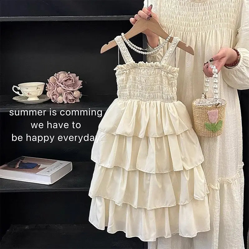 Kids Girls Summer Cake Dress  New Arrival Children Casual Multilayer Dresses Princess Sleeveless Sling Beach Rainbow Dress
