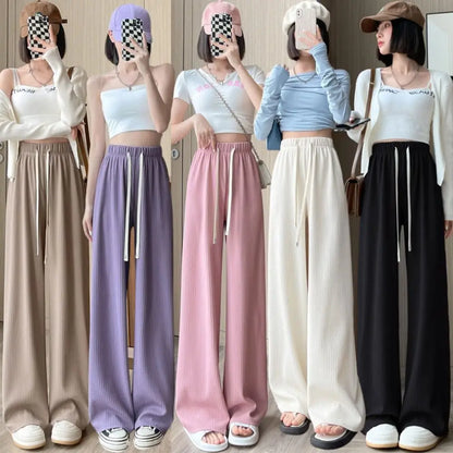 Sweet High Waist Drawstring Straight Pants Yamamoto Retro Loose Trousers Solid Simple Wide Leg Pants Summer