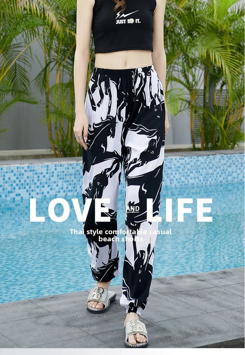 Women's Mosquito-proof Cotton Silk Beach Summer Casual Flower Pants Artificial Cotton Summer Sleeping Pants Thin Adult Bloomers